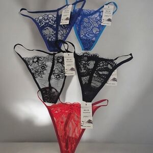 Elegant Lace Thong Set - Black, Blue, Red
